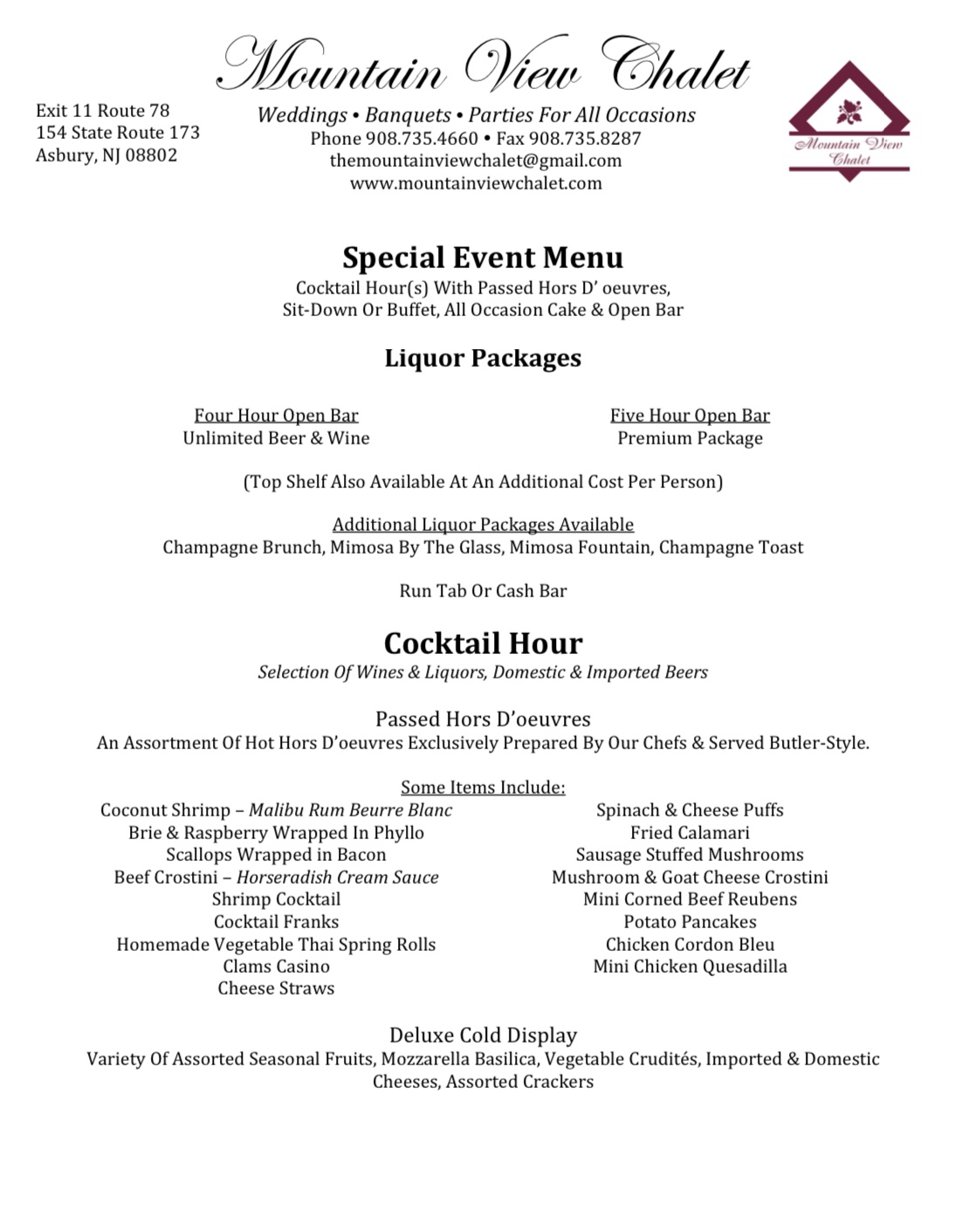 Event Menus – Mountain View Chalet